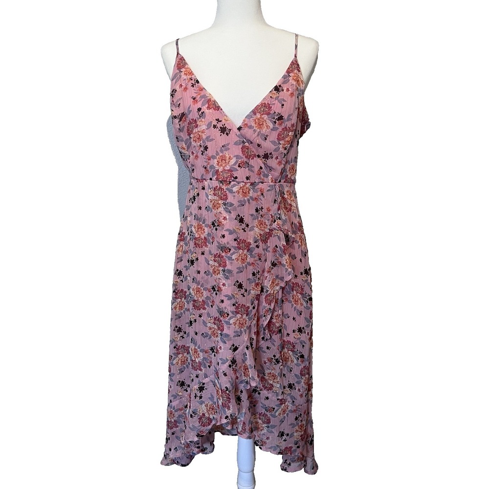 NWT Altar'd State Pink Floral Metallic Dress Faux wrap High-Low Hem Size Large